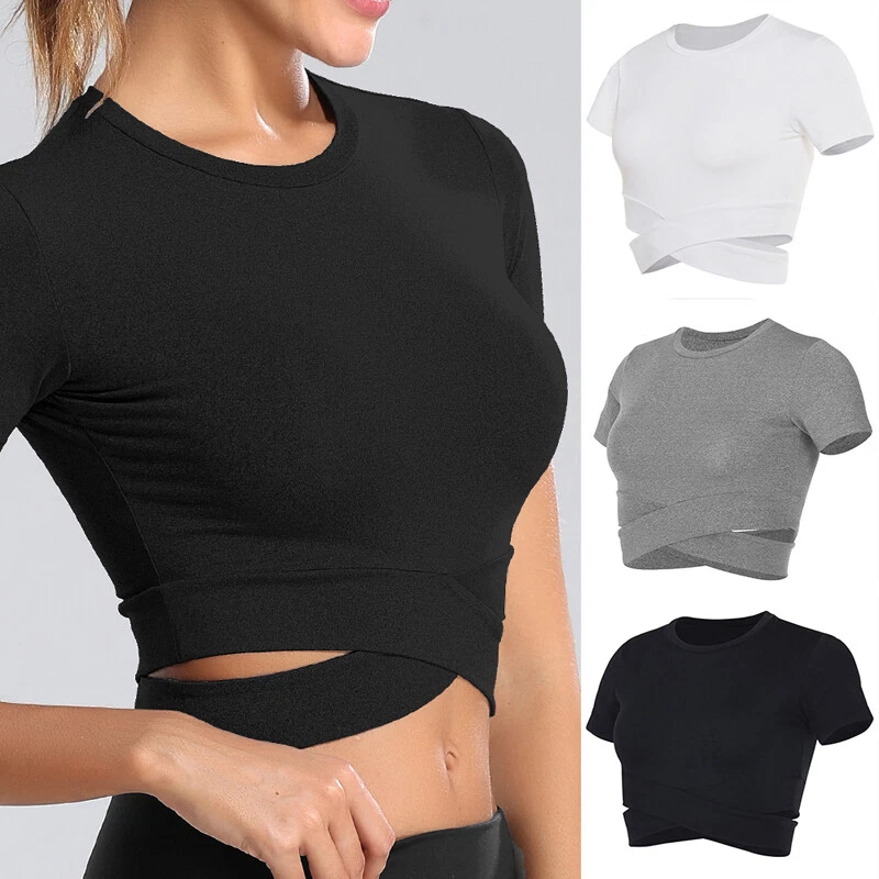 Womens Sport Yoga Crop Top Short Sleeve Gym Workout Fitness