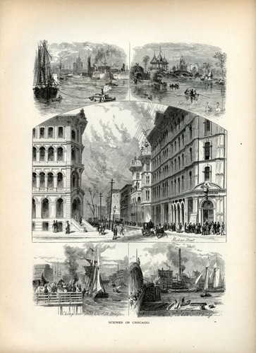 Chicago City and Park Scene, America storica 1874 antica incisione - Foto 2 di 4