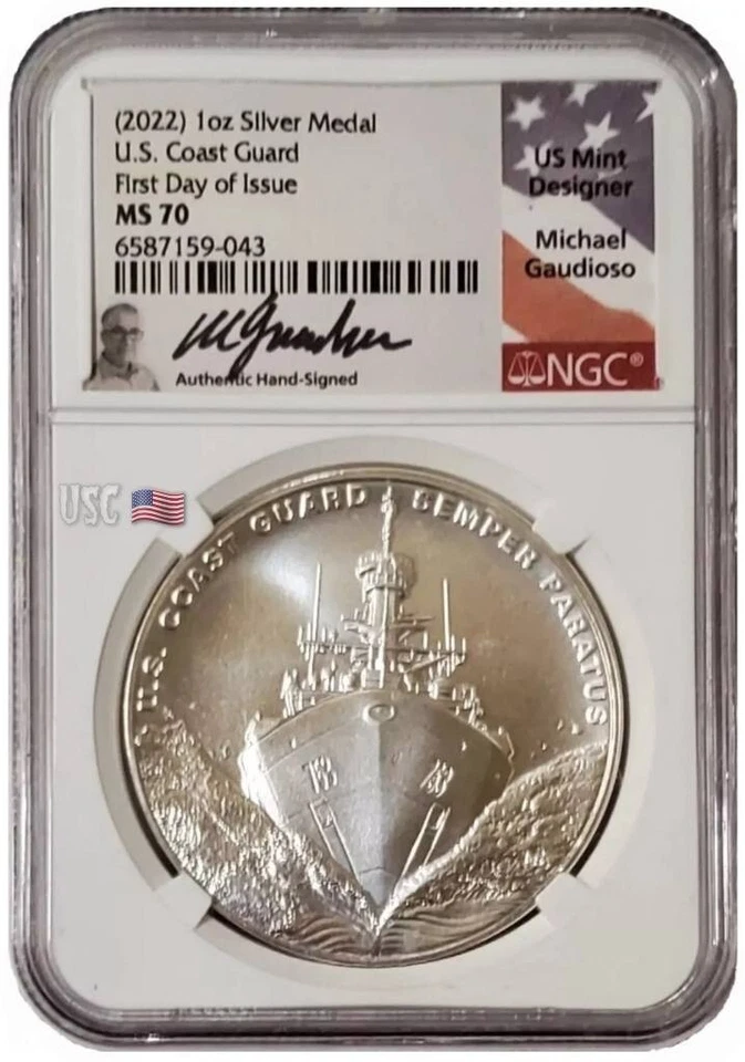 2022-S 1 Oz Silver US COAST GUARD NGC MS70 FDOI Michael Gaudioso Signature Medal - Image 3 of 4