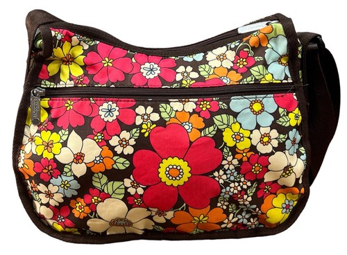 LeSportsac Retro Floral Print Crossbody Medium Bag Travel Orange Pink Yellow - Picture 2 of 11