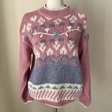 VTG 90s Colter Bay Hand-loomed Floral Embroidered Grandma Sweater Sz M Pink