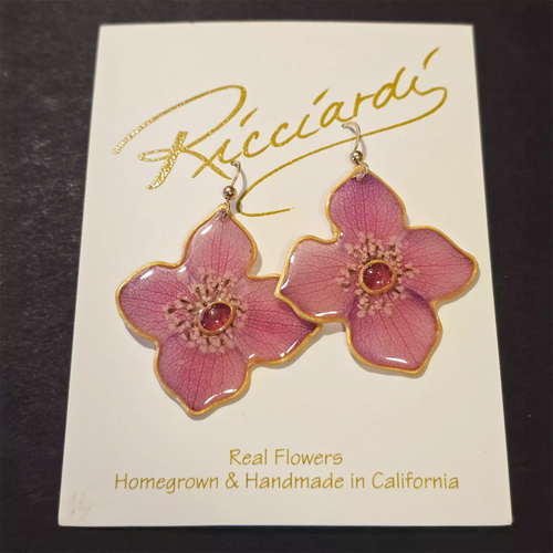 RICCIARDI echte gepresste rosa Eisenkraut Blume Ohrringe 14K GF Haken Künstler Handarbeit