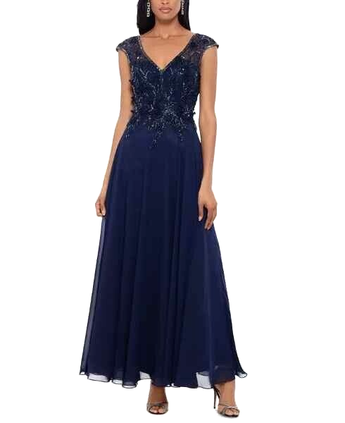 Xscape Embellished Bodice Navy Chiffon Gown petite 6P