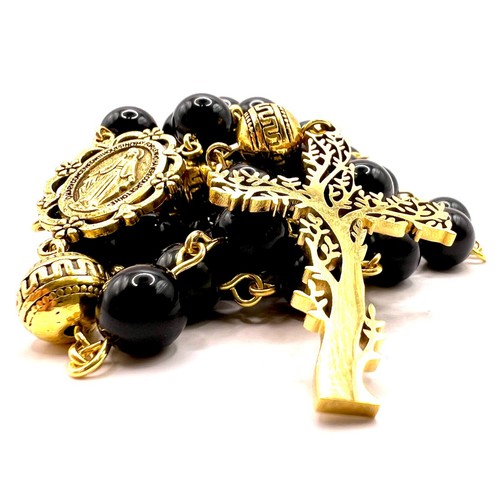 Handmade in Scotland Azbache Stone Black and Gold Tree of LIfe Rosary Beads Gift - Picture 9 of 12