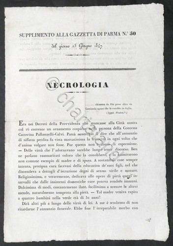 Supplemento Gazzetta Parma N. 50 - 1847 Necrologia Contessa Pallastrelli-Calvi - 第 1/1 張圖片