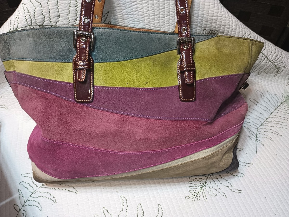 バッグ Coach Multi Color Suede Bag Pouch Set Coach Ltd Ed Large Wave Multi Color Suede Gallery Tote Purse
