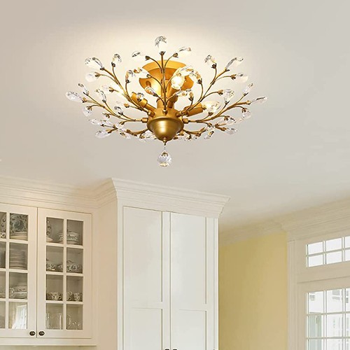 4 Light Rustic Crystal Flush Mount Ceiling Chandeliers For Living Room Kitchen - Picture 23 of 46