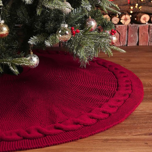 Soft Holiday Tree Skirt Reusable Rustic Knitted Christmas with Braided Rope - Picture 3 of 8