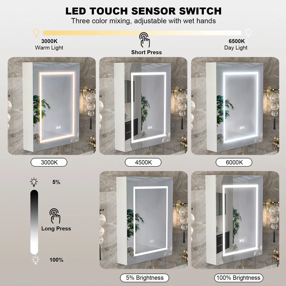 LED Medicine Cabinet with Light Wall Mounted Mirror Cabinet Anti-Fog 3-Color New - Image 2 of 4