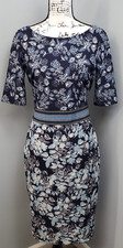 Vince Camuto Bodycon Dress Women's 6 Blue Floral Lined Boat Neck Vented Back Zip