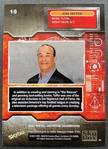 2021 SKYBOX METAL UNIVERSE JON TAFFER TV PERSONALITY BAR RESCUE #18 - Picture 2 of 2