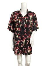Carolina Colours Blouse Women 20W Black Red Rayon Tropical Leaf Button Front VTG