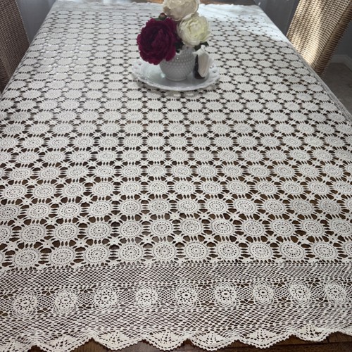 vtg hand crocheted Off White Tablecloth Or Bedspread 72x76  - Picture 2 of 7