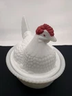 Vintage White Milk Glass Hen on Nest With Red Comb & Eyes - 7.25 InLong | READ