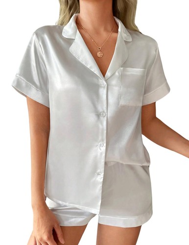 Satin Pajama Set for Women Short Sleeve 2 Piece Button Up Lounge Shorts Satin...
