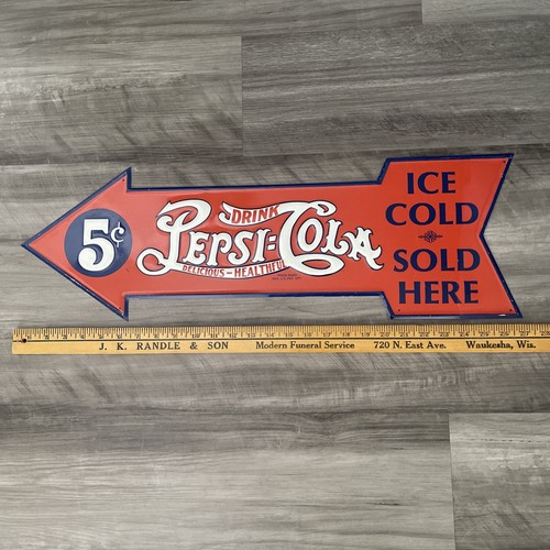 Retro PEPSI-COLA 5¢ Ice Cold advertising arrow tin Metal Sign 28 x 8.75 Inches - Picture 10 of 13