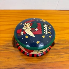 VTG Hand Painted Folk Art Wooden Santa Trinket Box Round Christmas Decor