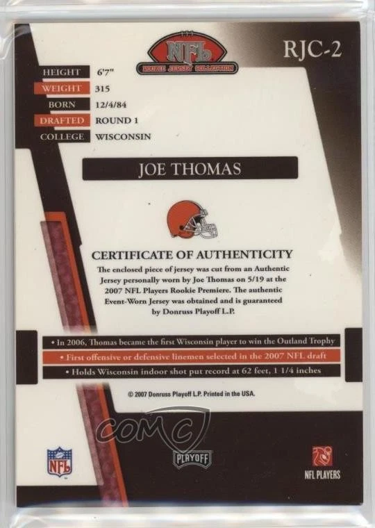 2007 Playoff Absolute Memorabilia Rookie Jersey Collection Joe Thomas RC HOF - Image 2 of 2