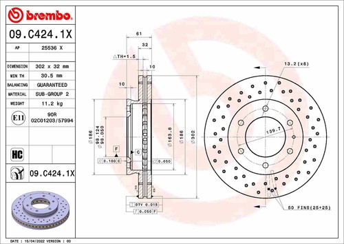 2x BRAKE DISC 09.C424.1X FOR FORD RANGER T20DD0J/BC2X/YN2X 2.0L T22DD0P 2.2L - Picture 2 of 9