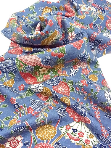 e029-S_Tela Kimono Japonés_Seda,Azul Tiza,Abanico Japonés,Flor,108 cm - Imagen 5 de 11