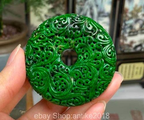 2.2" Old Chinese Natural Emerald Jadeite Green Jade Carved Flower Amulet Pendant - Picture 6 of 11