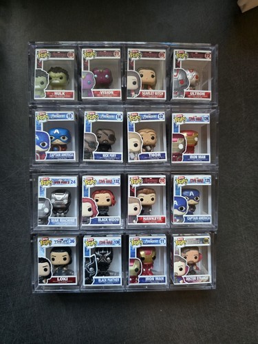 Funko Bitty Pop Marvel Full Set Of 16 Including All Chases and Shelves
