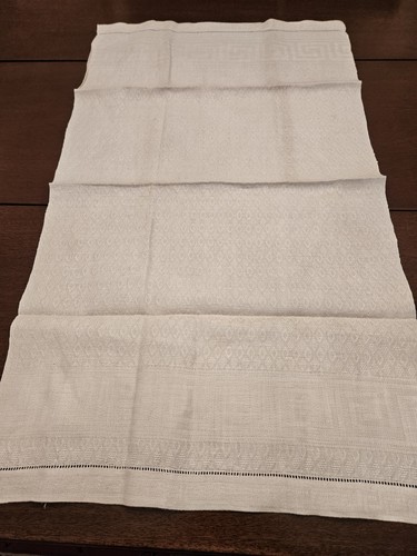 Vintage Cream Linen Damask Towel Textured Diamond Weave Greek Key Design 30.5x18 - Picture 2 of 8