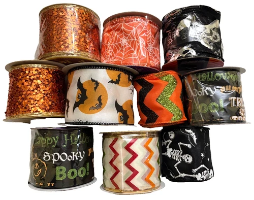 Lot of 10 Halloween Craft Ribbons Black Orange Skeletons Glitter Bats New & Used