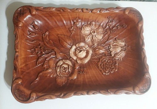 VINTAGE‼1944 Multi Products Inc Brown Floral Resin Faux Wood Tray Platter EXC CD