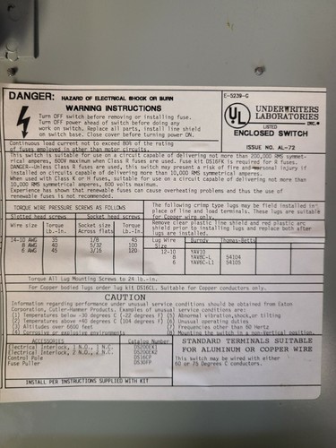 Cutler Hammer DH361NGK Heavy Duty Safety Switch 30AMP Fusible - Picture 3 of 4