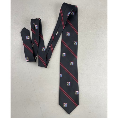Vintage Prep School Striped Tie 1990s Twill Black Jacquard Shield Logo Necktie - Picture 2 of 3