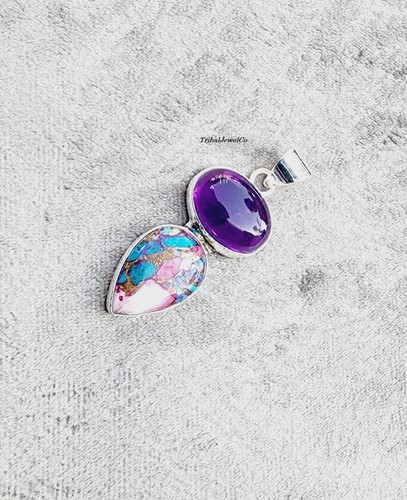 925 Silver Sterling Pink Oyster & Amethyst Pendant Handmade Item Gemstone Gift - Picture 10 of 10