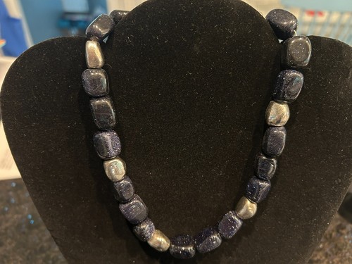 Hand-strung Blue Goldstone/Silver Plate Choker Necklace, 15" - Picture 2 of 2
