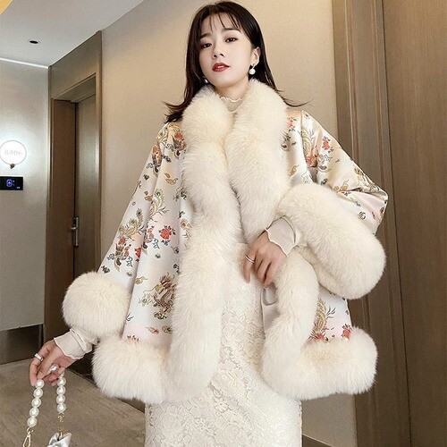 Mode chinesischer Stil Fuchspelzmantel Damen Satin mittellang Kunstfell Schal Jacke - Bild 1 von 9
