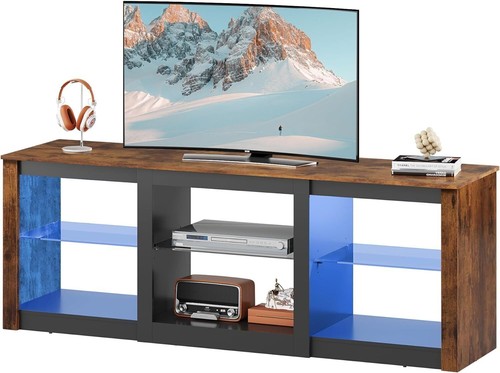 Modern TV Console TV Stand with LED Lights for TVs up to 65in with Glass Shelves - Picture 2 of 8