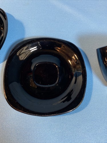 Black Glass Espresso Demitasse Cups & Saucers Etched France Set of 4 - Picture 5 of 10