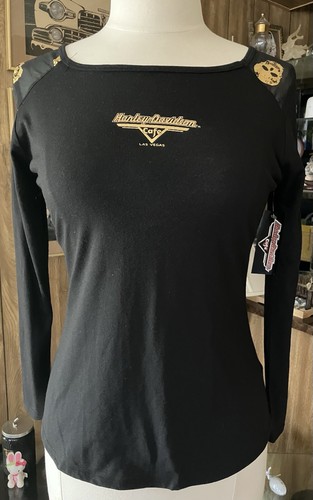 Harley Davidson Cafe Las Vegas Sheer Shoulder Gold Skull Long Sleeve Shirt New