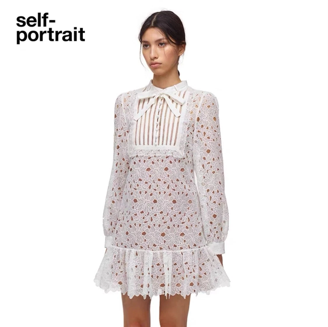 NWT Self Portrait Guipure Lace Bib Detail White Mini Dress with