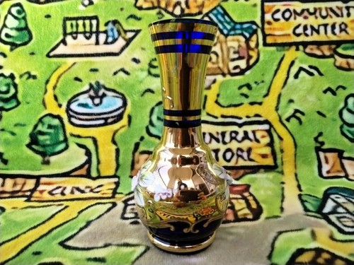 BOHEMIA Czech Cobalt Blue 24%Lead Crystal Hand Painted Floral&Gold Vase 5" NICE! - Picture 4 of 14