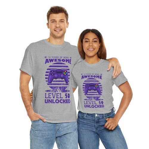 Gaming Video Games Unisex Heavy Cotton Tee T-Shirt 'Level 50 Unlocked' - Picture 72 of 118