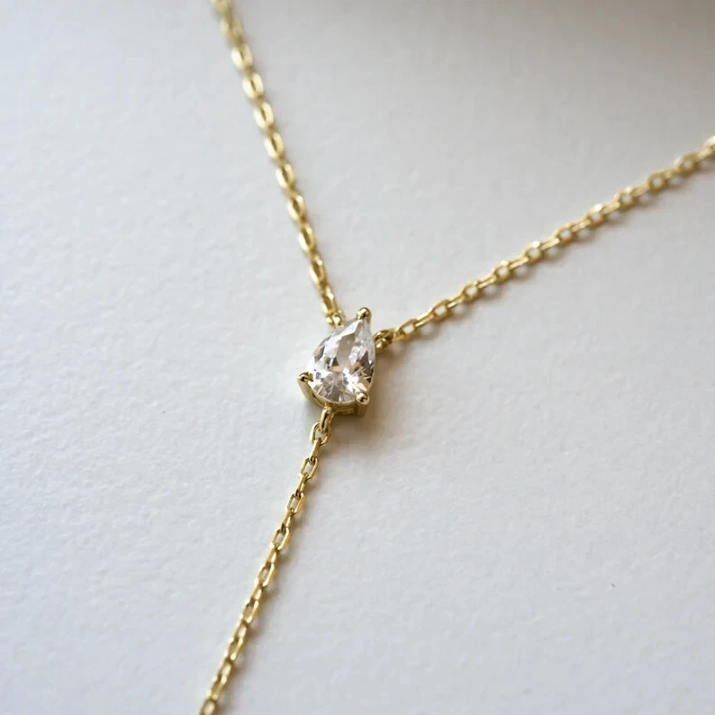 3ctY изящный Lariat бриллиант ожерелье подарок для нее 14k желтое золото покрытием грушевидной огранки - Изображение 3 из 4