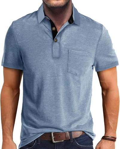 Men's Casual Polo Shirt Short Sleeve Cotton Golf Top Soft Breathable Solid Color - Picture 11 of 33