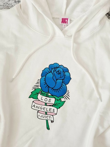 Juicy Couture Bleached Bone Rose Tattoo Logo Terry Hoodie Size M - Picture 2 of 3