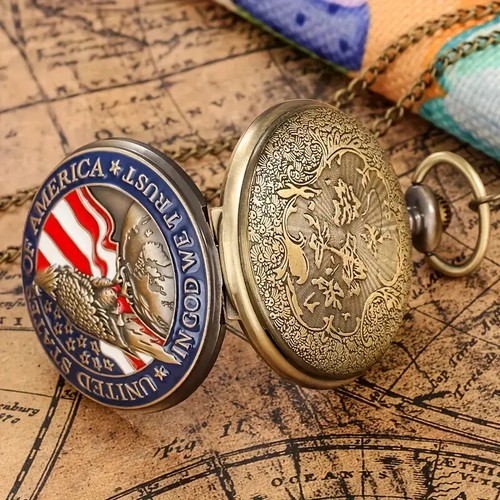 American Flag Eagle Quartz Pocket Watch Vintage Style Bronze Color - Picture 2 of 6