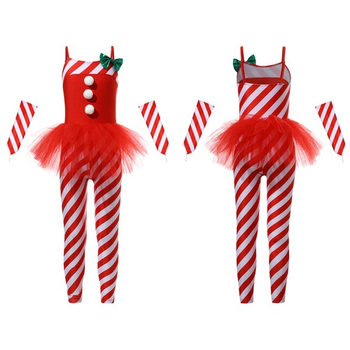 Kids Girls Christmas Dance Costume Sequins Candy Cane Striped One Piece Jumpsuit - Picture 22 of 93