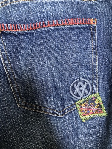 Pantalones de mezclilla CAbi Patchwork 8 novio tobillo cremallera y botón mosca 5 bolsillos azul - Imagen 5 de 13
