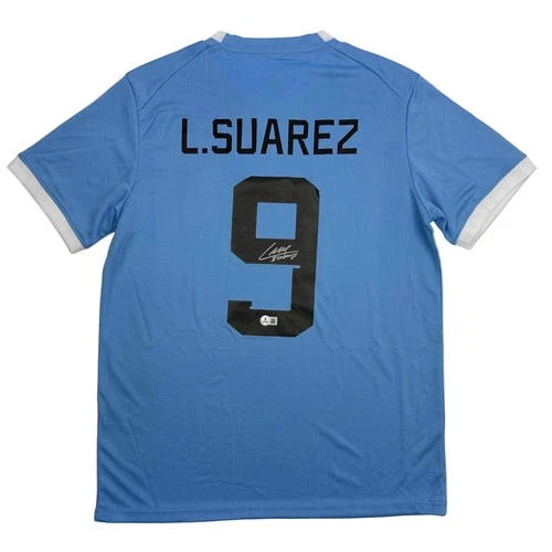 Autographed/Signed Luis Suarez Uruguay Blue Soccer Jersey Beckett BAS COA
