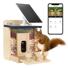 Wooden Squirrel Feeder with HD Camera, Solar-Powered Outdoor Squirrel Bar, Re...