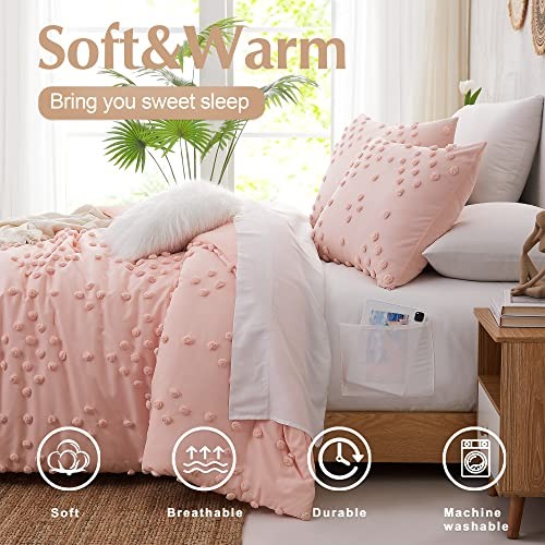 Pink Comforter Set Queen, Pom Pom Tufted Pattern Design Bedding Sets 8 - Foto 2 di 6