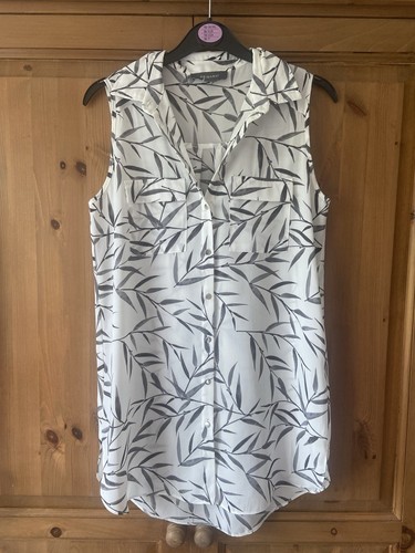 Schwarz weiß Blätter Print Longline ärmellos Kragen Hemd Bluse Primark Größe 6